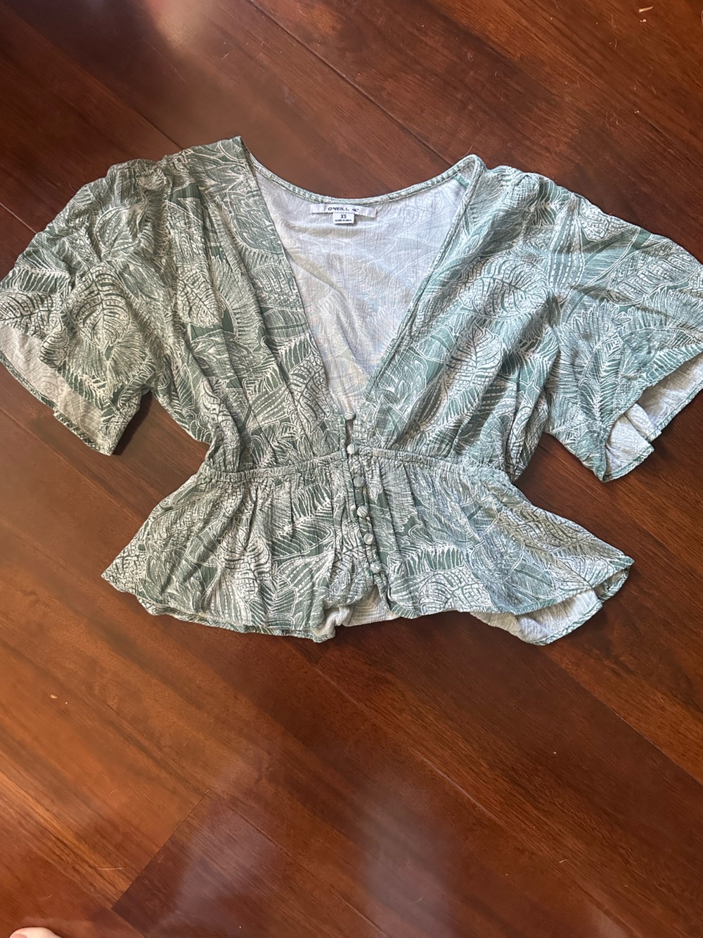 O'Neill Sage Green Leaf-Print Button Front Peplum Top